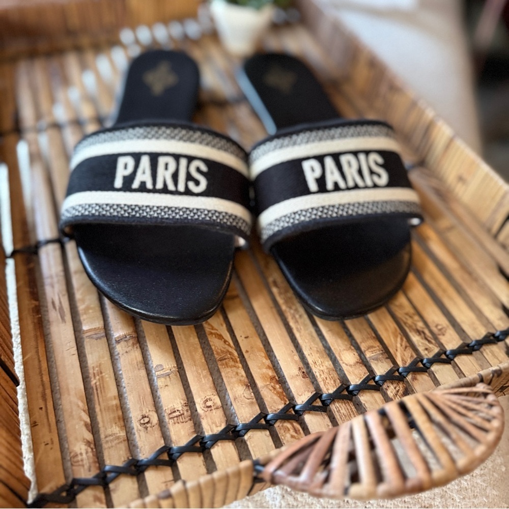 Black & Cream Woven Strap Paris Summer Flats Slides Round Toe BRAND NEW Sz 10 - Picture 7 of 11